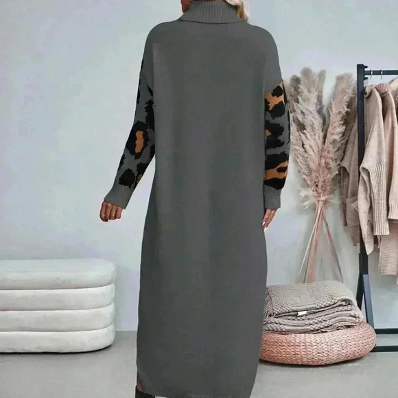 Multicolor Casual Women's Leopard Print Turtleneck Sweater Dress - Picture 2 of 6